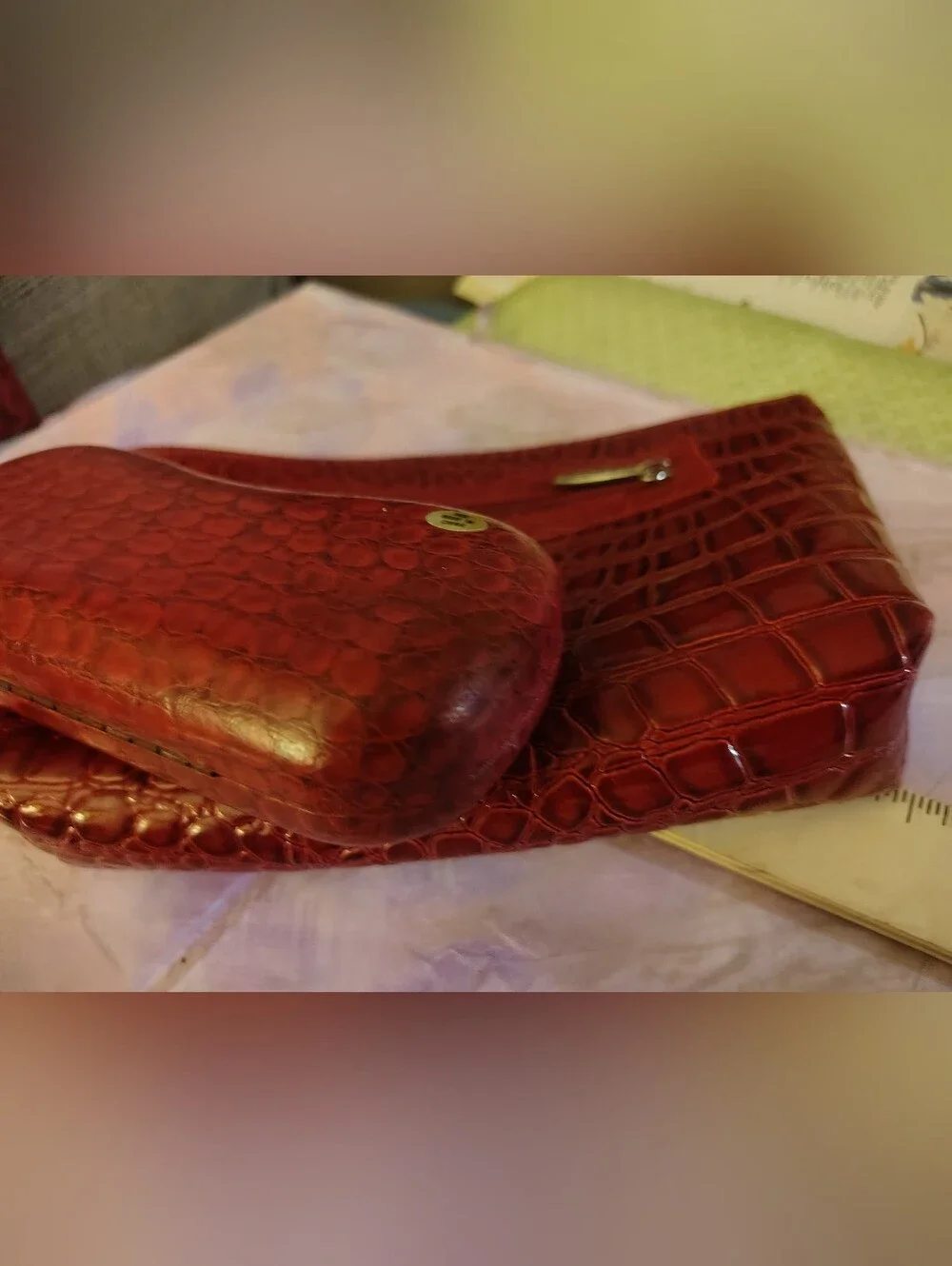 LANCOME BAGS Red Gator Textured Cosmetic Makeup Bag & Coordinating Eyeglass Case